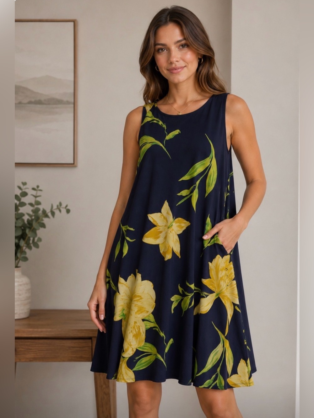 Anne Klein Navy and Yellow Floral Mini Dress
